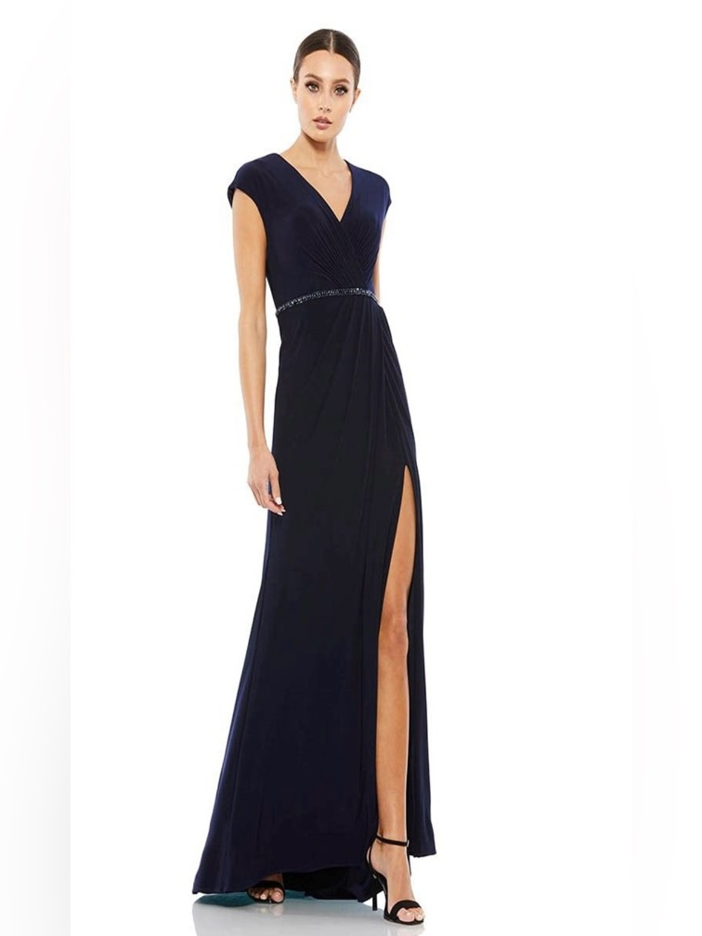 Mac Duggal • Gown 67850 Beaded Waist Cap Sleeve Jersey Dress in Navy